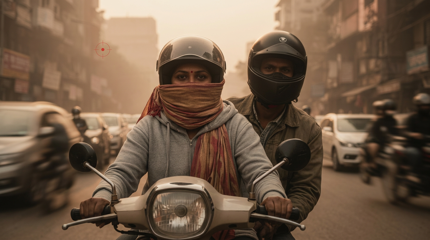Two commuters on a scooter braving Indian urban traffic — helmets on, faces wrapped against dust and sun